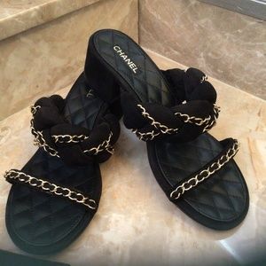 CHANEL black kid suede mules in pristine condition.